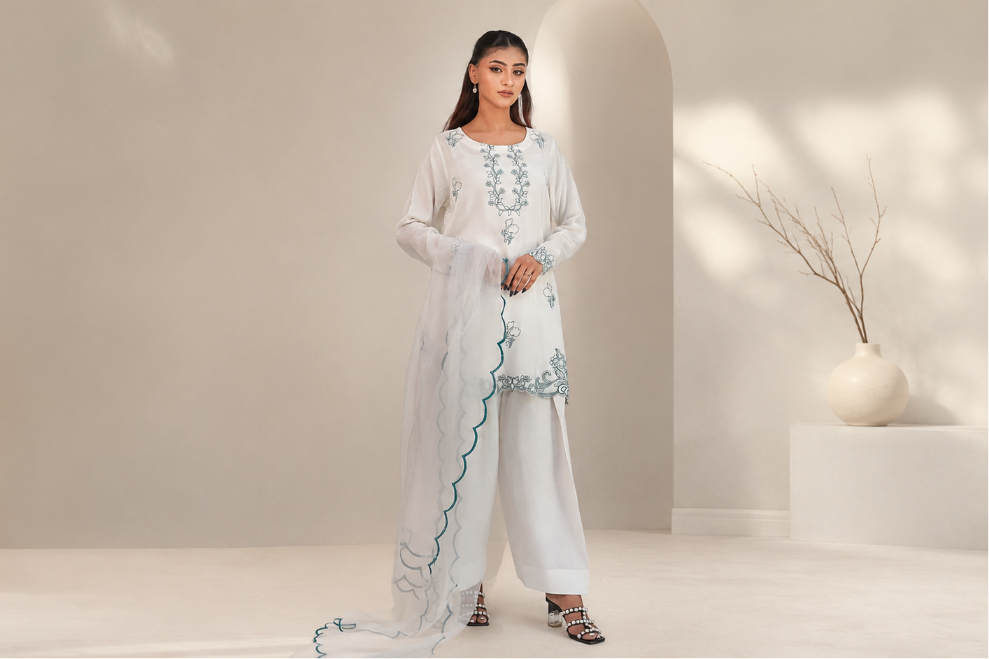 A woman models a white three-piece traditional outfit with light blue embroidery and a matching sheer dupatta, standing in a minimalist beige studio setting.