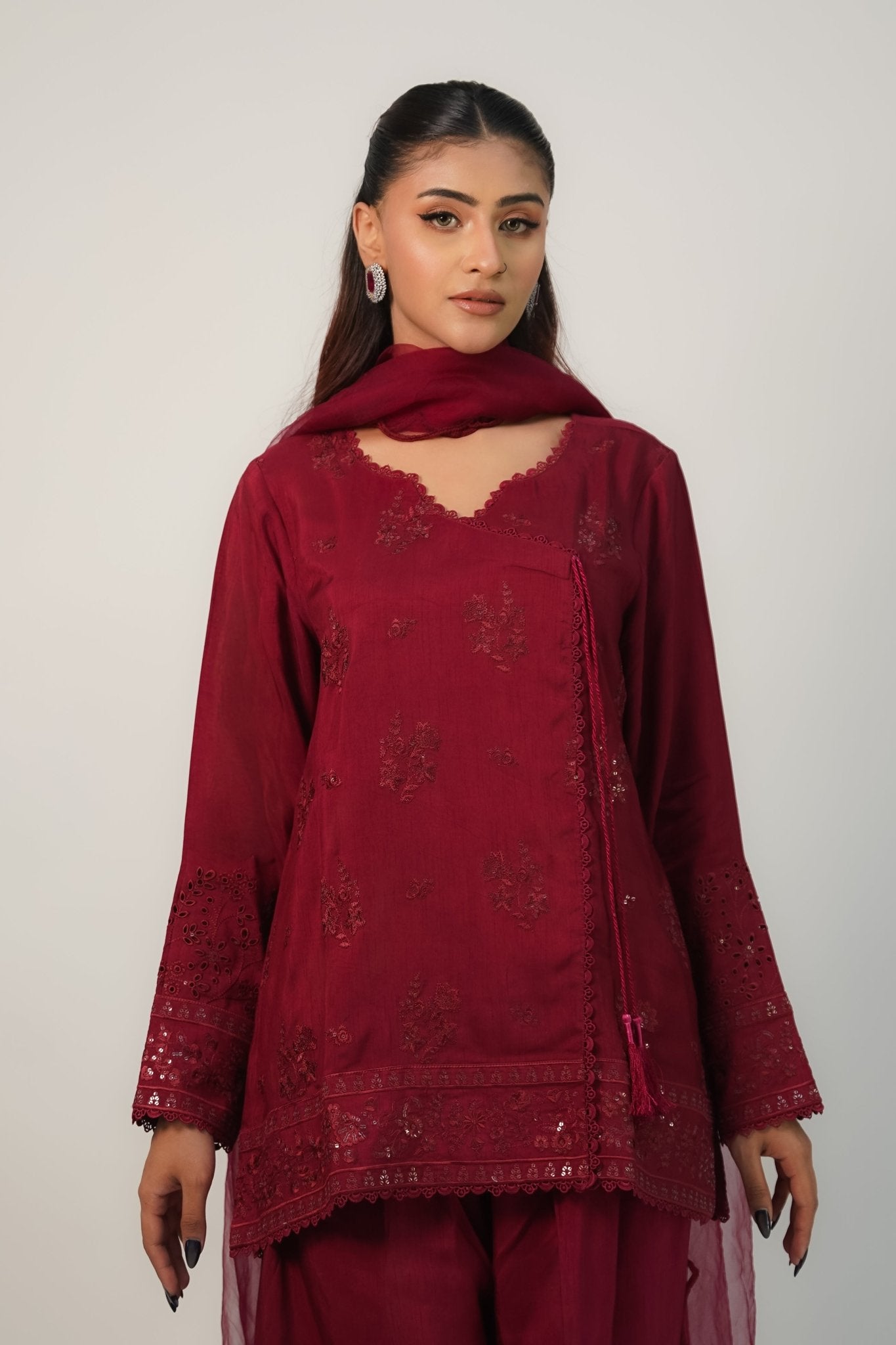 Gulnar – Berry Embroidered Angrakha Silk 3 Piece Suit - ZaynahQalb