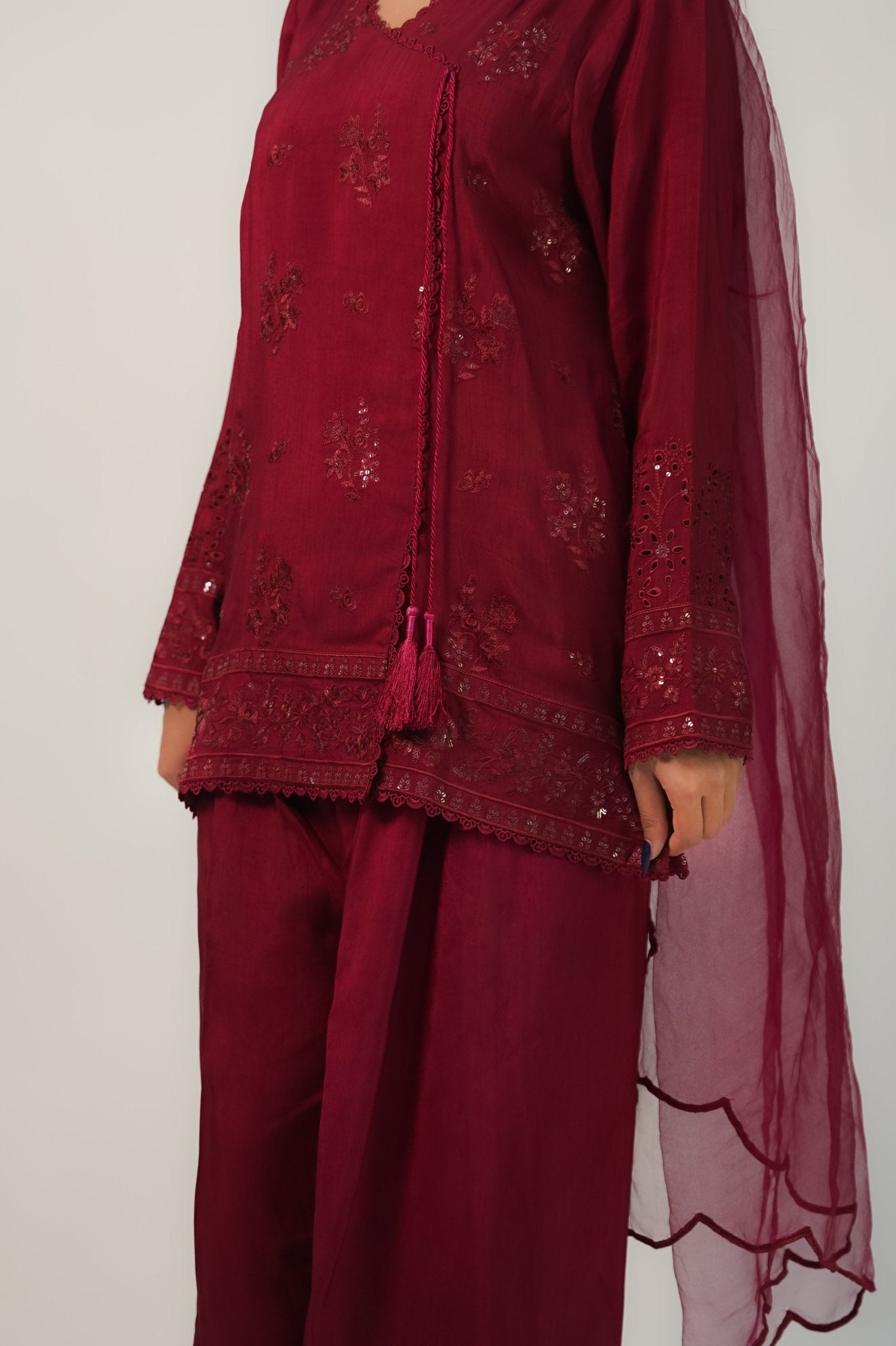 Gulnar – Berry Embroidered Angrakha Silk 3 Piece Suit - ZaynahQalb