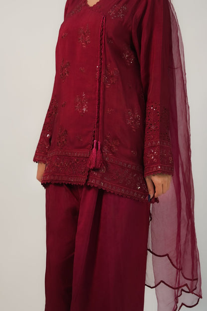 Gulnar – Berry Embroidered Angrakha Silk 3 Piece Suit - ZaynahQalb
