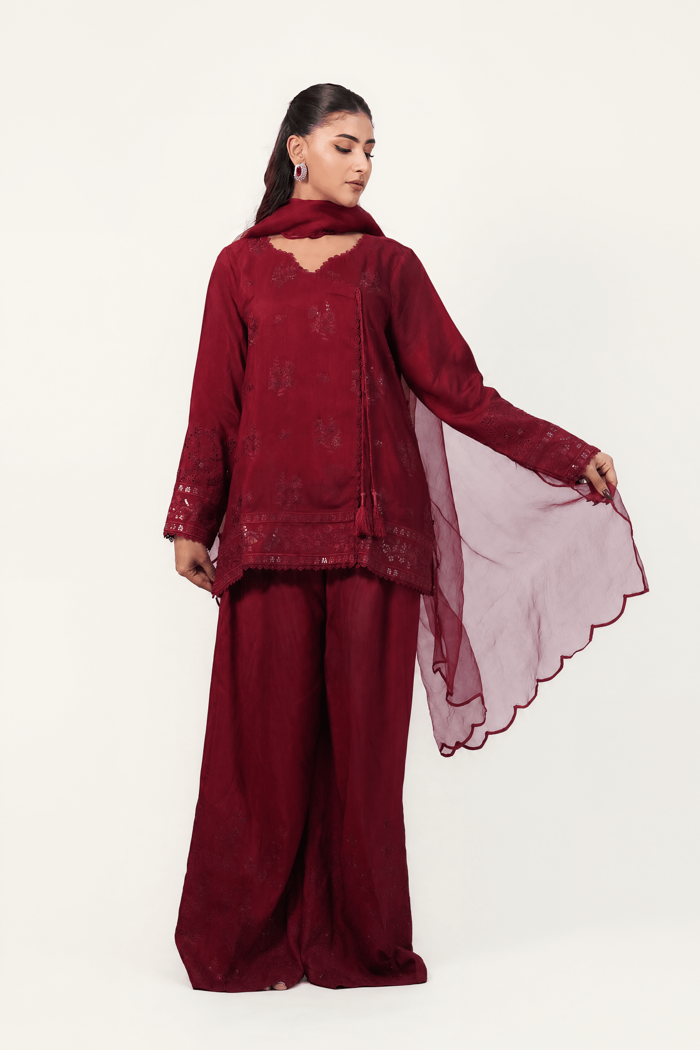 Gulnar – Berry Embroidered Angrakha Silk 3 Piece Suit - ZaynahQalb