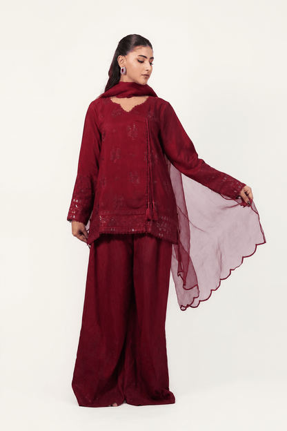 Gulnar – Berry Embroidered Angrakha Silk 3 Piece Suit - ZaynahQalb