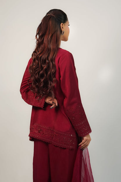 Gulnar – Berry Embroidered Angrakha Silk 3 Piece Suit - ZaynahQalb