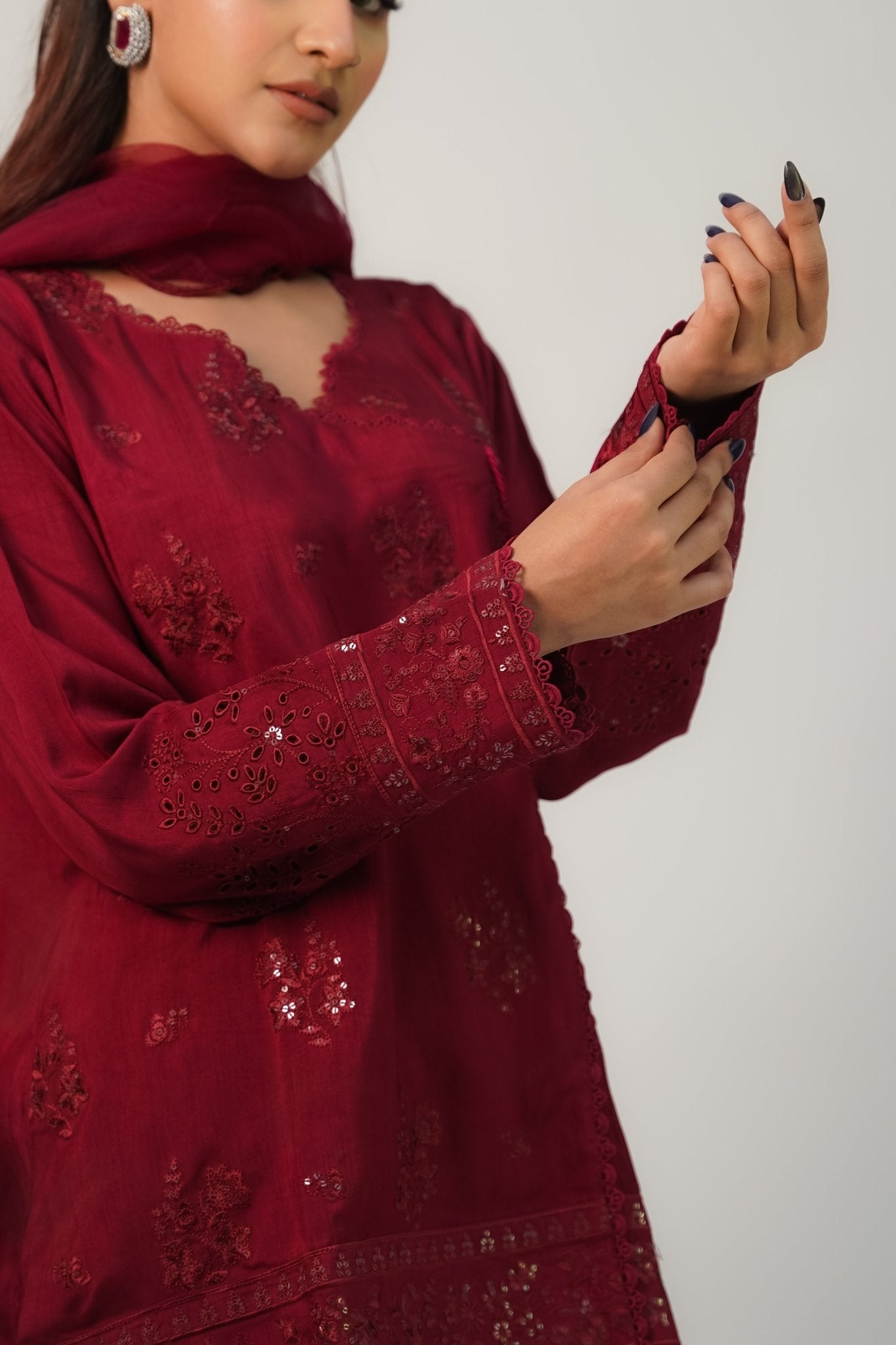 Gulnar – Berry Embroidered Angrakha Silk 3 Piece Suit - ZaynahQalb