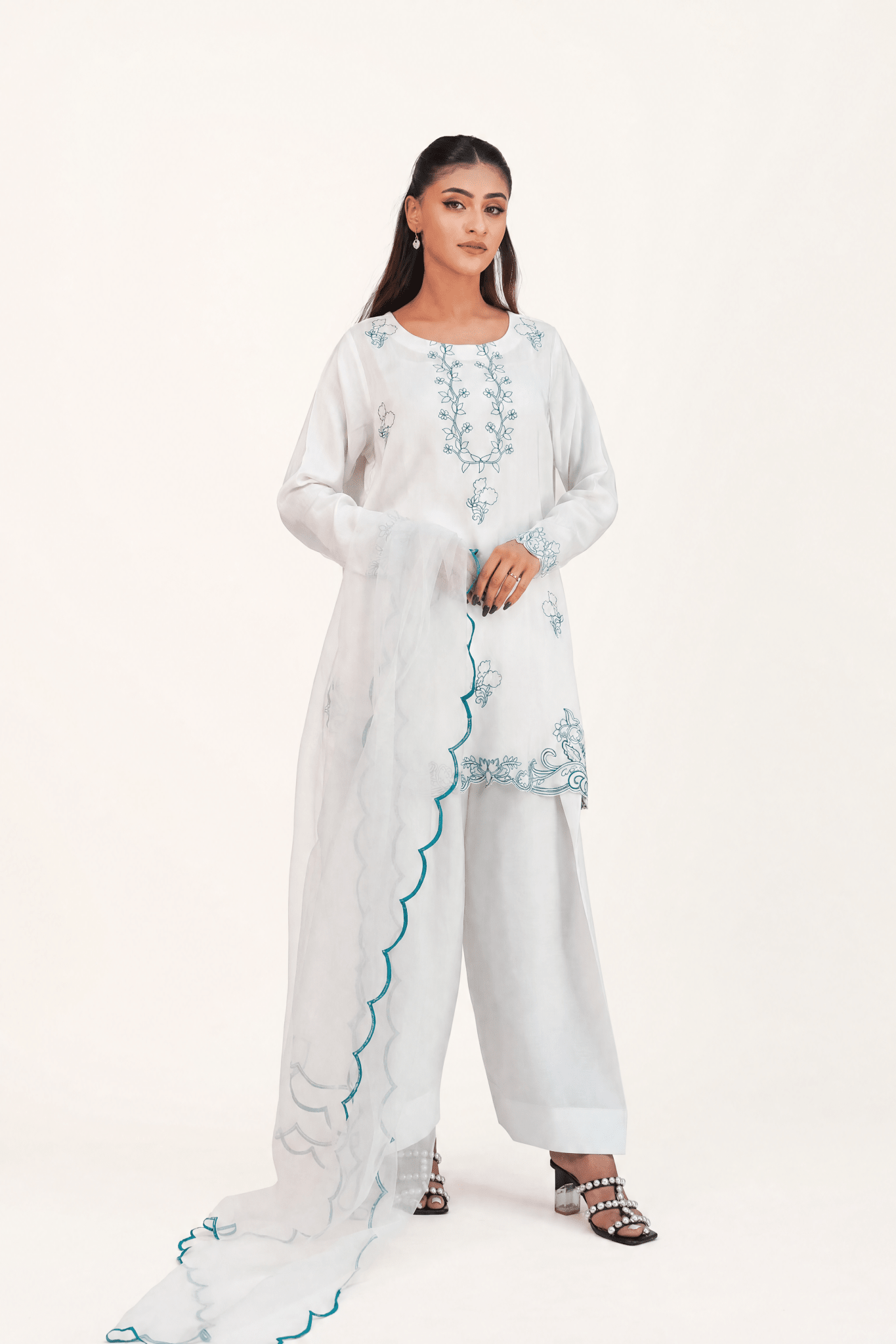 Rayhana – Ivory & Green Embroidered Silk 3 Piece Suit - ZaynahQalb