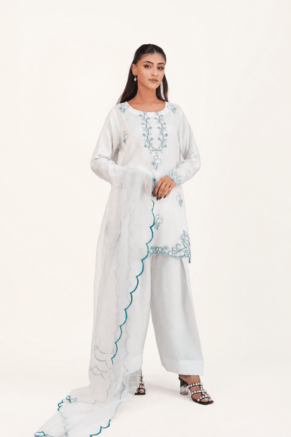 Rayhana – Ivory & Green Embroidered Silk 3 Piece Suit - ZaynahQalb