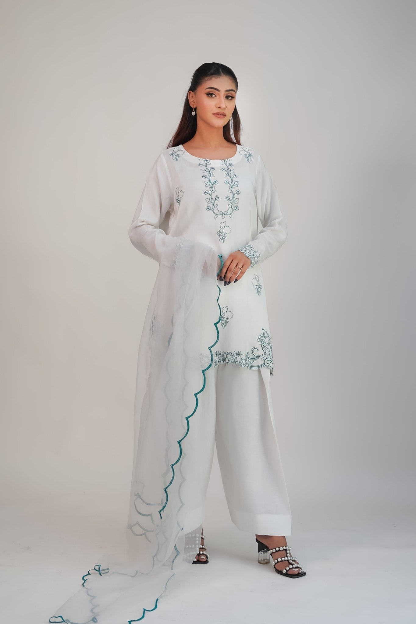 Rayhana – Ivory & Green Embroidered Silk 3 Piece Suit - ZaynahQalb