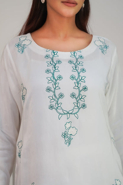 Rayhana – Ivory & Green Embroidered Silk 3 Piece Suit - ZaynahQalb