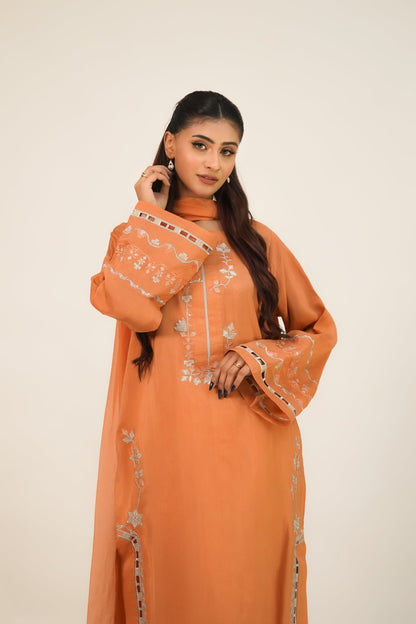 Shafaq – Apricot Embroidered Silk 3 Piece Suit - ZaynahQalb