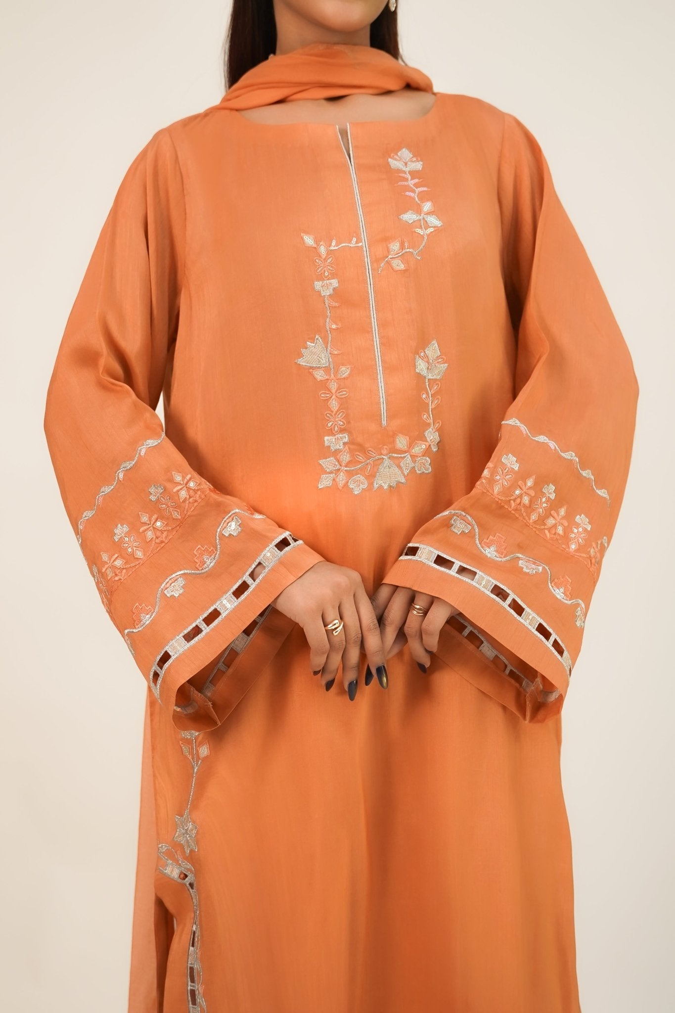 Shafaq – Apricot Embroidered Silk 3 Piece Suit - ZaynahQalb