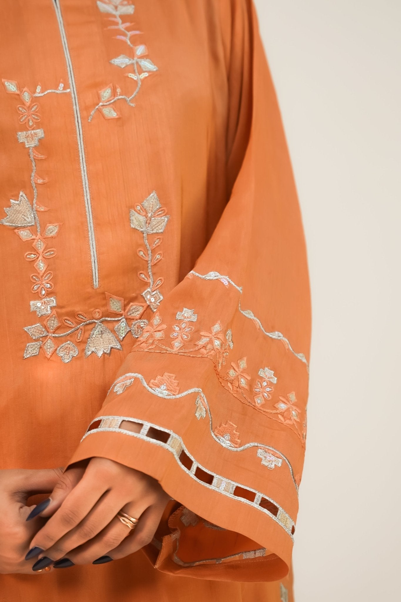 Shafaq – Apricot Embroidered Silk 3 Piece Suit - ZaynahQalb