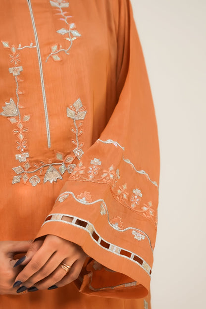 Shafaq – Apricot Embroidered Silk 3 Piece Suit - ZaynahQalb