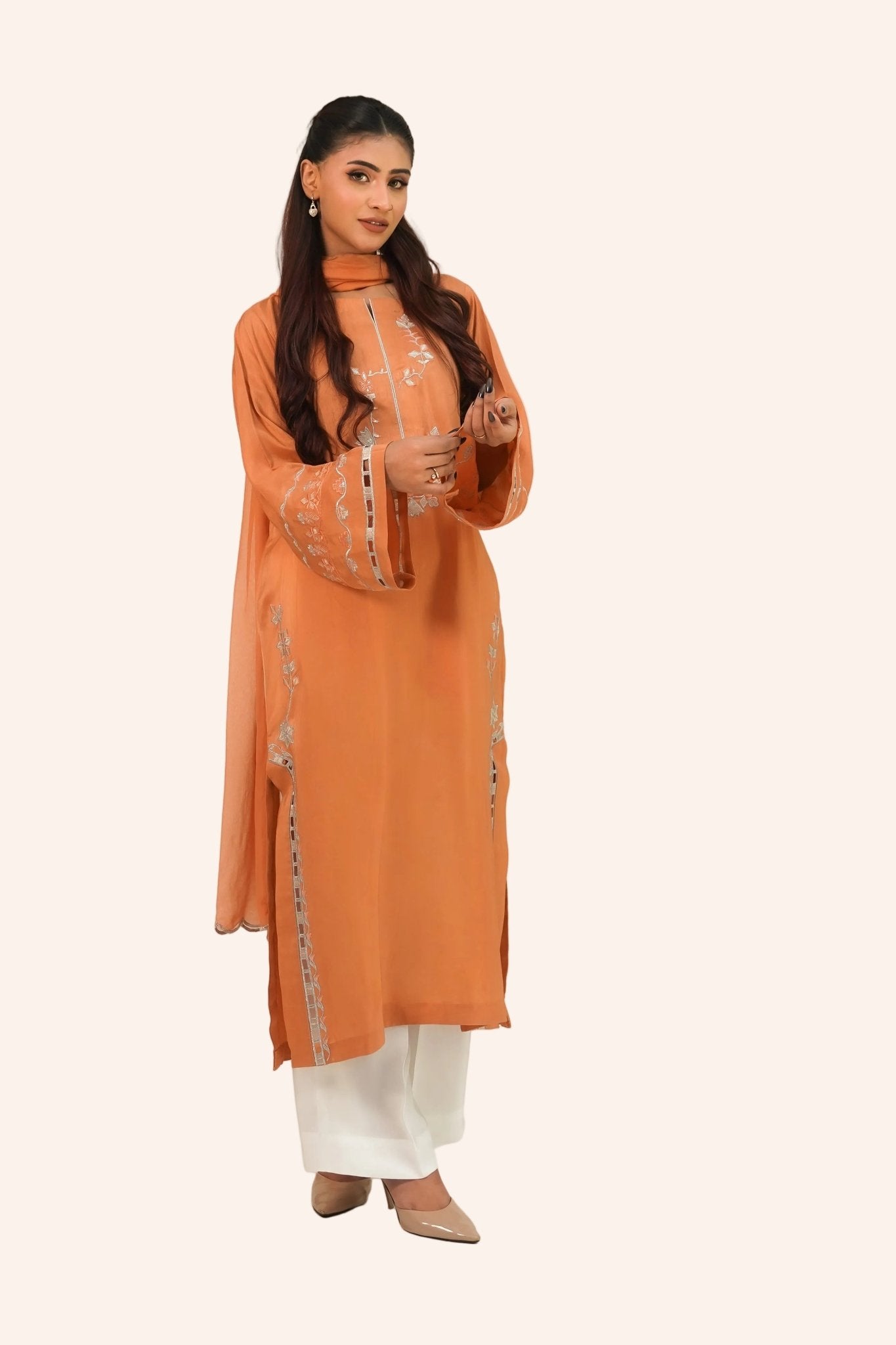 Shafaq – Apricot Embroidered Silk 3 Piece Suit - ZaynahQalb