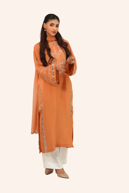 Shafaq – Apricot Embroidered Silk 3 Piece Suit - ZaynahQalb