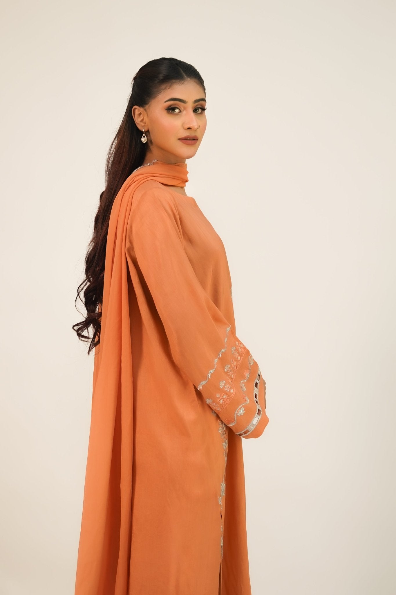 Shafaq – Apricot Embroidered Silk 3 Piece Suit - ZaynahQalb