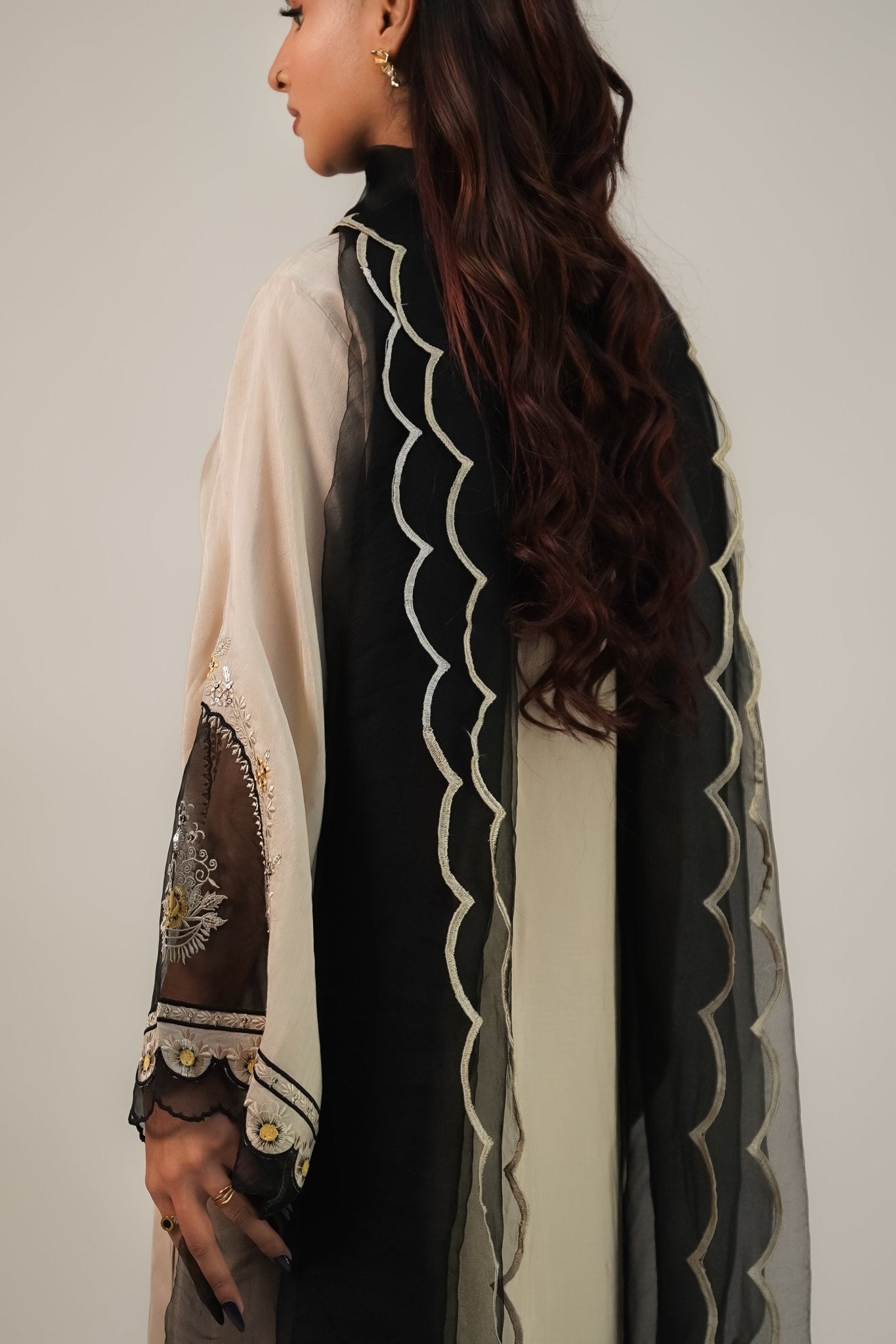 Yasmin – Ivory & Noir Embroidered Silk 3 Piece Suit - ZaynahQalb