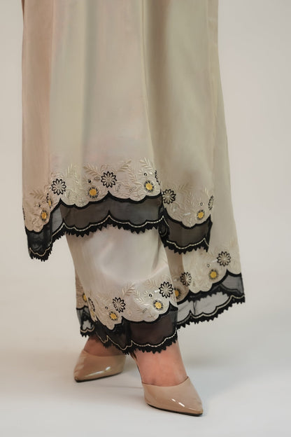 Yasmin – Ivory & Noir Embroidered Silk 3 Piece Suit - ZaynahQalb
