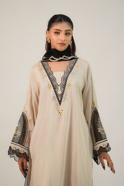 Yasmin – Ivory & Noir Embroidered Silk 3 Piece Suit - ZaynahQalb