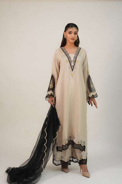 Yasmin – Ivory & Noir Embroidered Silk 3 Piece Suit - ZaynahQalb