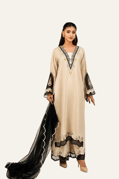 Yasmin – Ivory & Noir Embroidered Silk 3 Piece Suit - ZaynahQalb