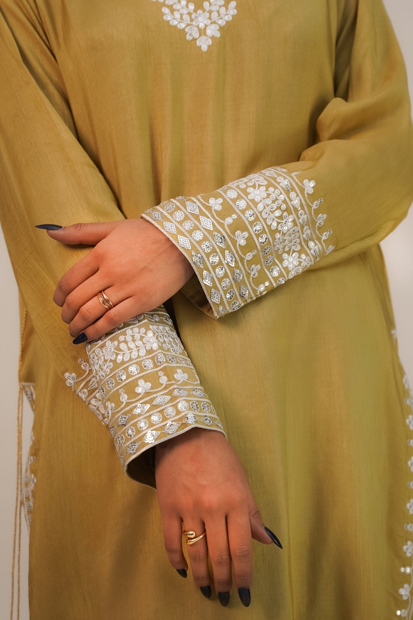 Zarrin – Olive Gold Embroidered Silk 3 Piece Suit - ZaynahQalb