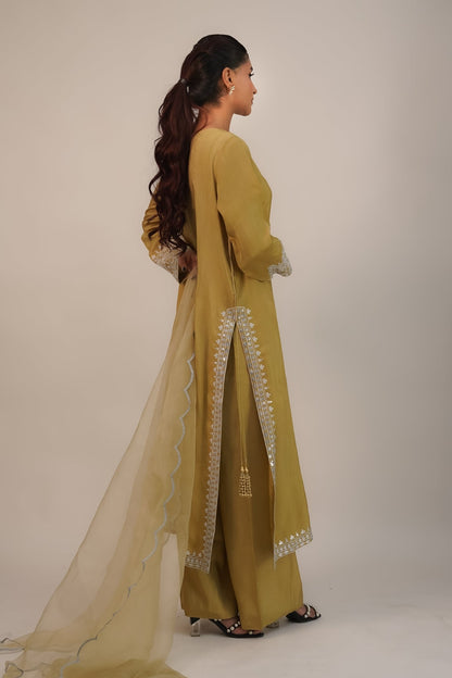 Zarrin – Olive Gold Embroidered Silk 3 Piece Suit - ZaynahQalb