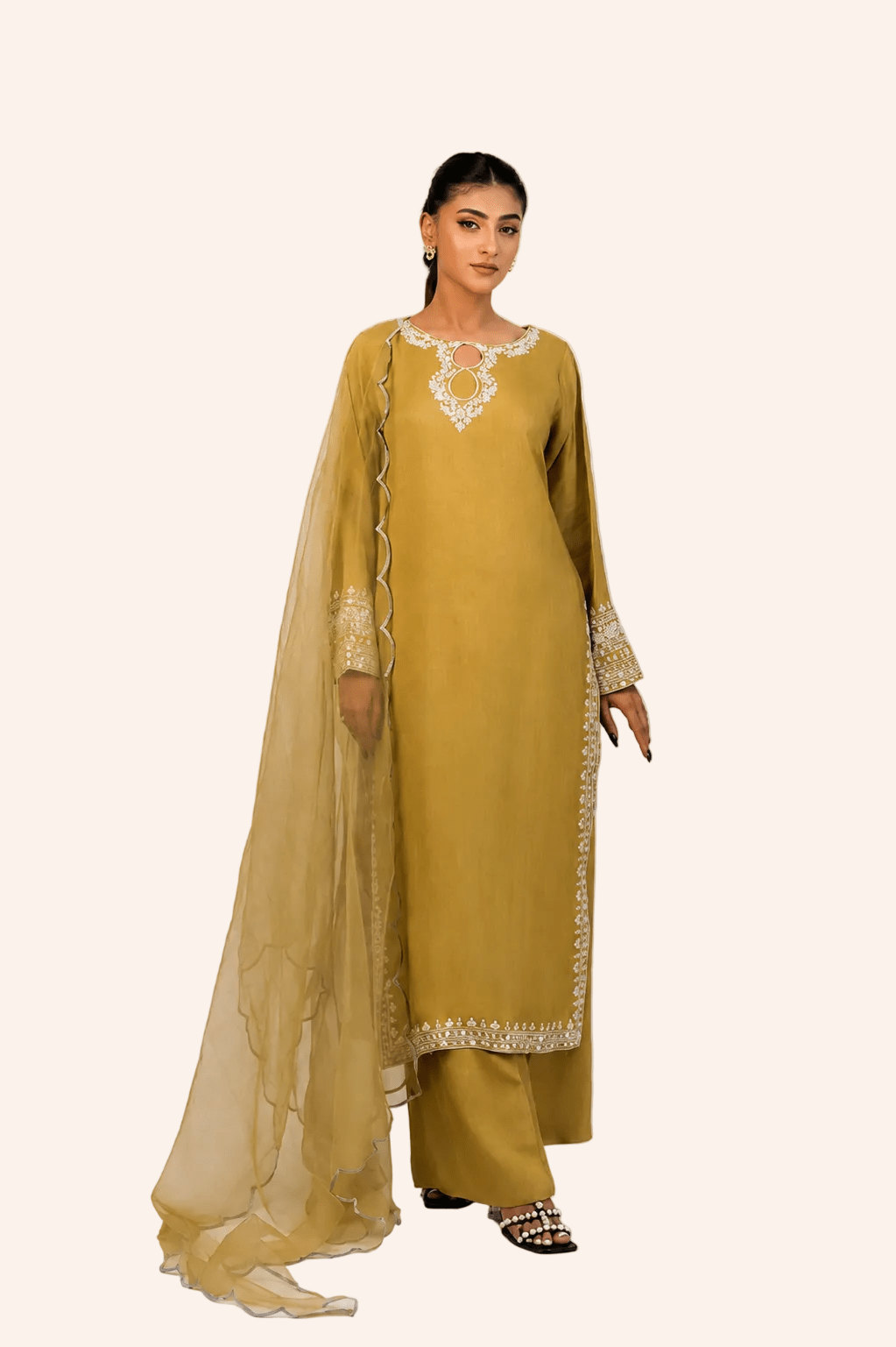 Zarrin – Olive Gold Embroidered Silk 3 Piece Suit - ZaynahQalb