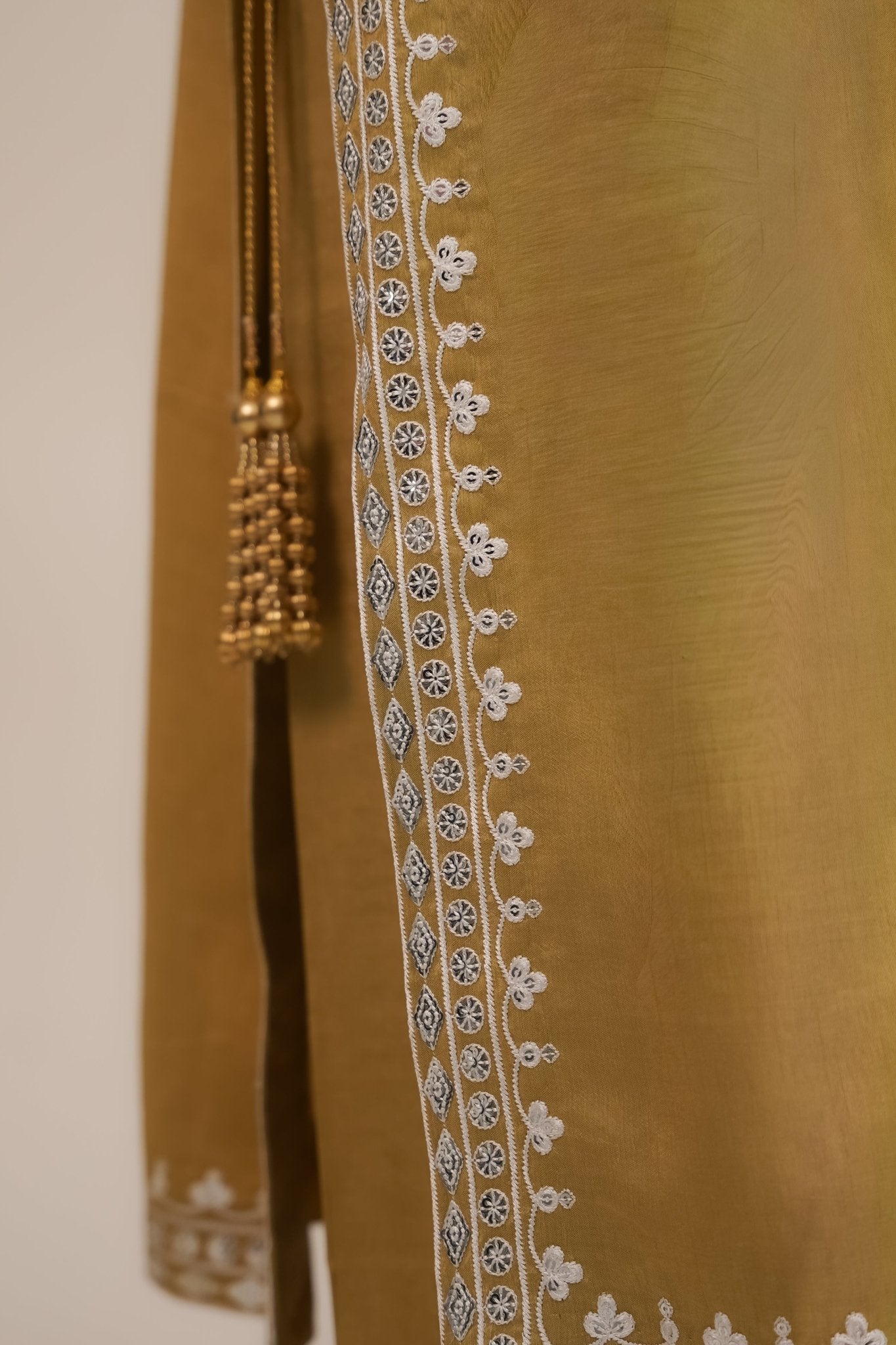 Zarrin – Olive Gold Embroidered Silk 3 Piece Suit - ZaynahQalb