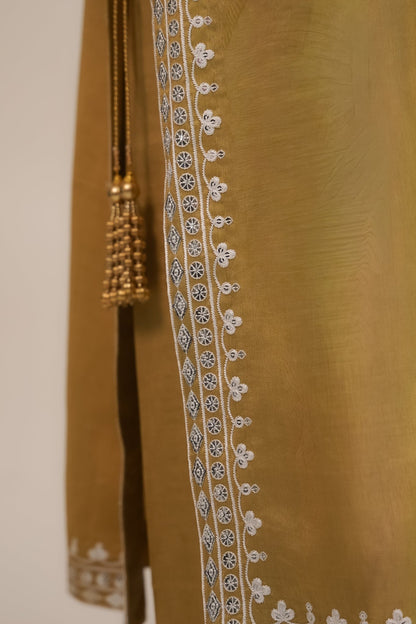 Zarrin – Olive Gold Embroidered Silk 3 Piece Suit - ZaynahQalb