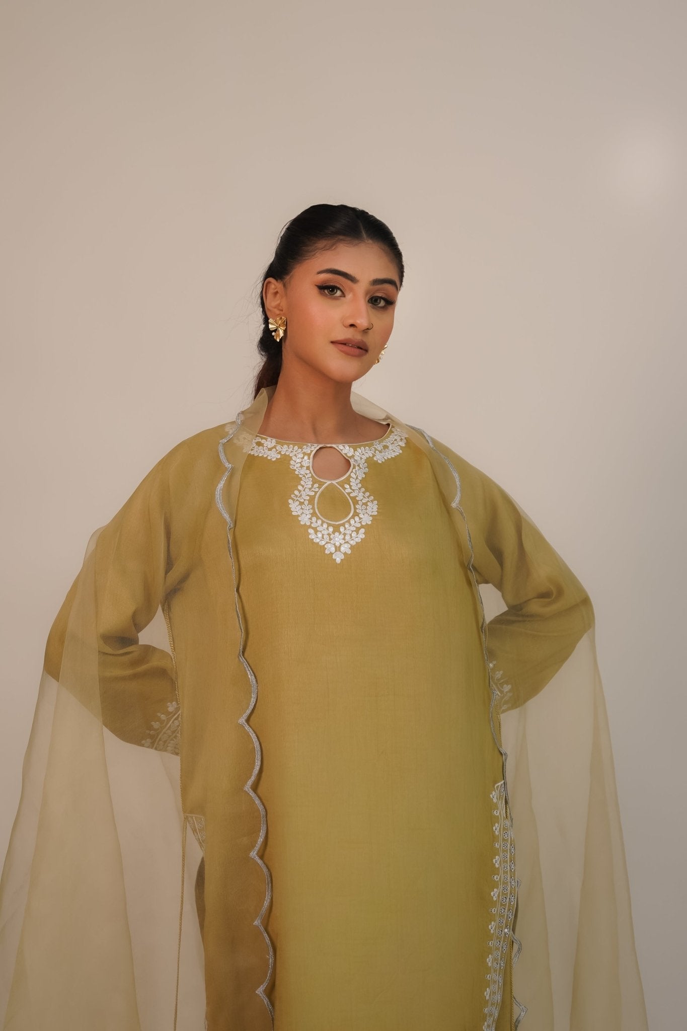 Zarrin – Olive Gold Embroidered Silk 3 Piece Suit - ZaynahQalb