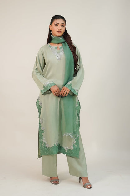Zumurrud — Emerald Ombré Silk 3 Piece Suit - ZaynahQalb