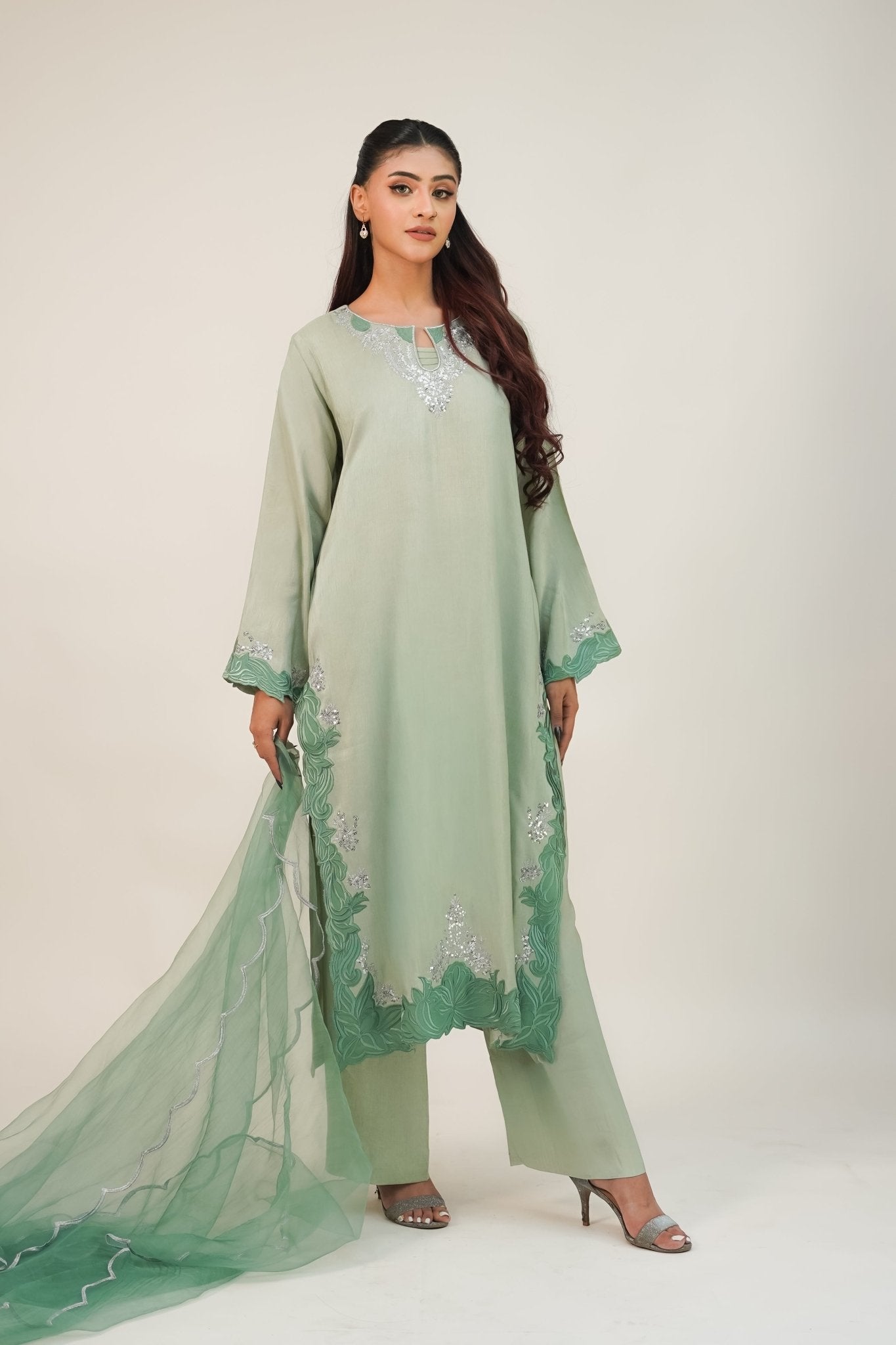 Zumurrud — Emerald Ombré Silk 3 Piece Suit - ZaynahQalb